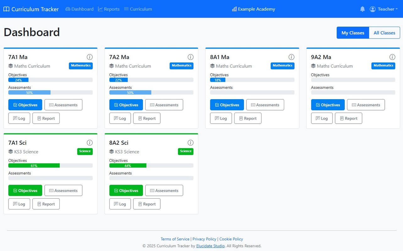 My classes dashboard - view all assigned classes and their progress