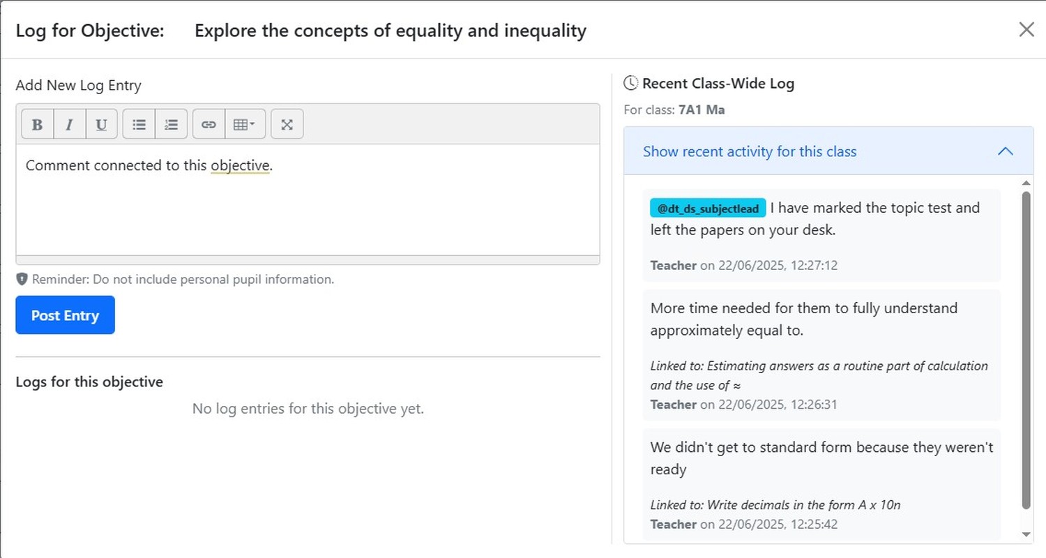 Add an objective linked note to the class log